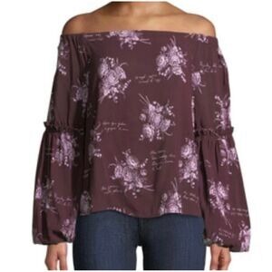 Cinq a Sept Amelie Burgundy Floral Script Off Shoulder Bell Sleeve XS Purple